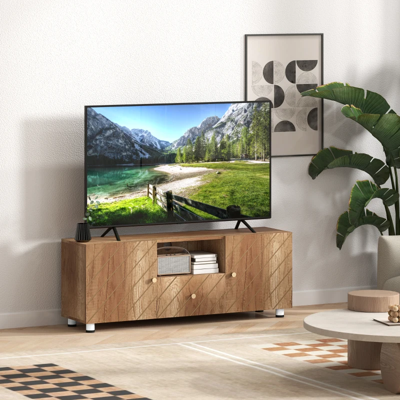 HOMCOM Meuble TV banc TV pour téléviseur jusqu'à 50 pouces avec 2 placards et compartiment ouvert et tiroir, bois naturel