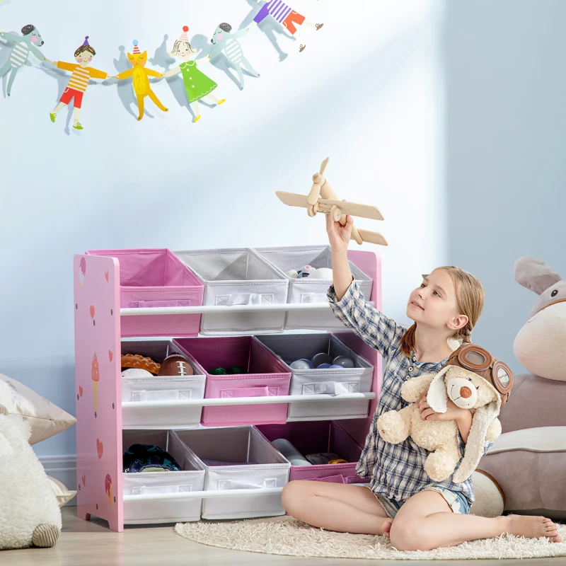 ZONEKIZ Mobiletto Portagiochi con 9 Cestini Rimovibili in Legno e Tessuto, 63x30x60 cm, Rosa e Bianco