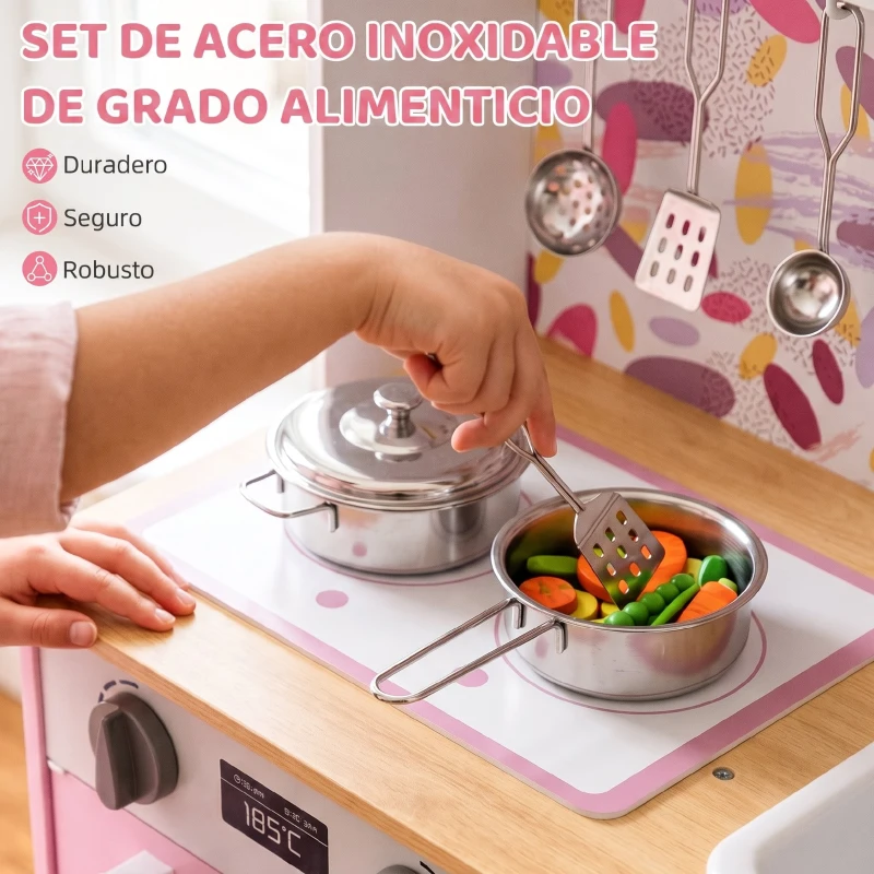 AIYAPLAY Cocina de Juguete de Madera con Accesorios de Acero Inoxidable Cafetera Máquina de Hielo Fregadero Fogones Rosa