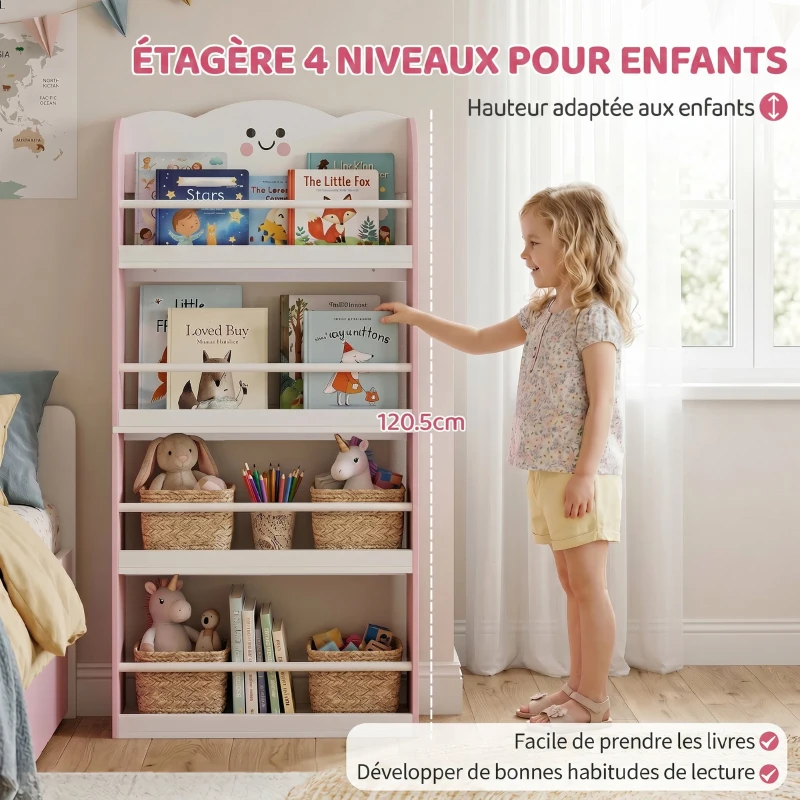 AIYAPLAY Bibliothèque pour enfant, rangement livre enfant 4 niveaux en thème barbe à papa, 60x12x108cm, rose