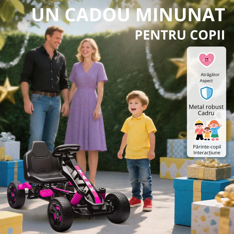 AIYAPLAY Kart cu pedale pentru copii, karting copii 3-6 ani cu ambreiaj automat, frână, roți EVA antiderapante, roz