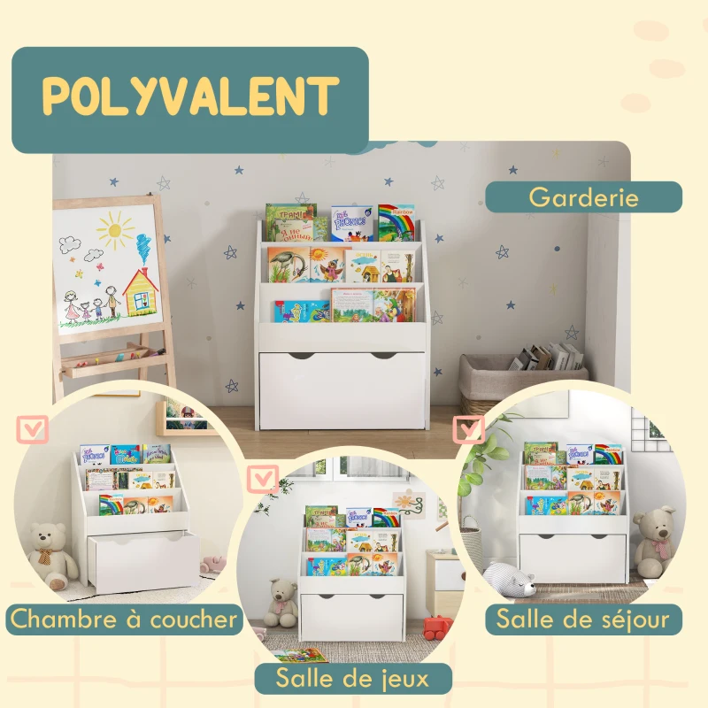 AIYAPLAY Bibliothèque pour enfants Multi-Rangement avec 3 niveaux d'étagères et un tiroir, 62,5L x 30l x 70H cm, blanc