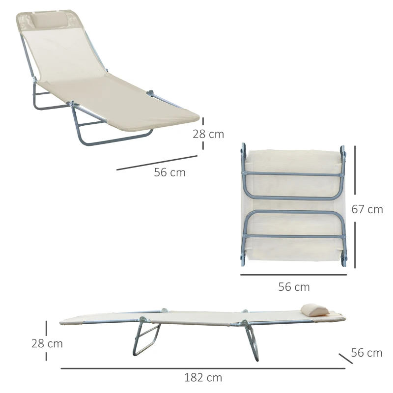 Outsunny Folding Sun Lounger, Texteline Reclining Sun Bed with 5 Position Adjustable Backrest, Headrest, Beige