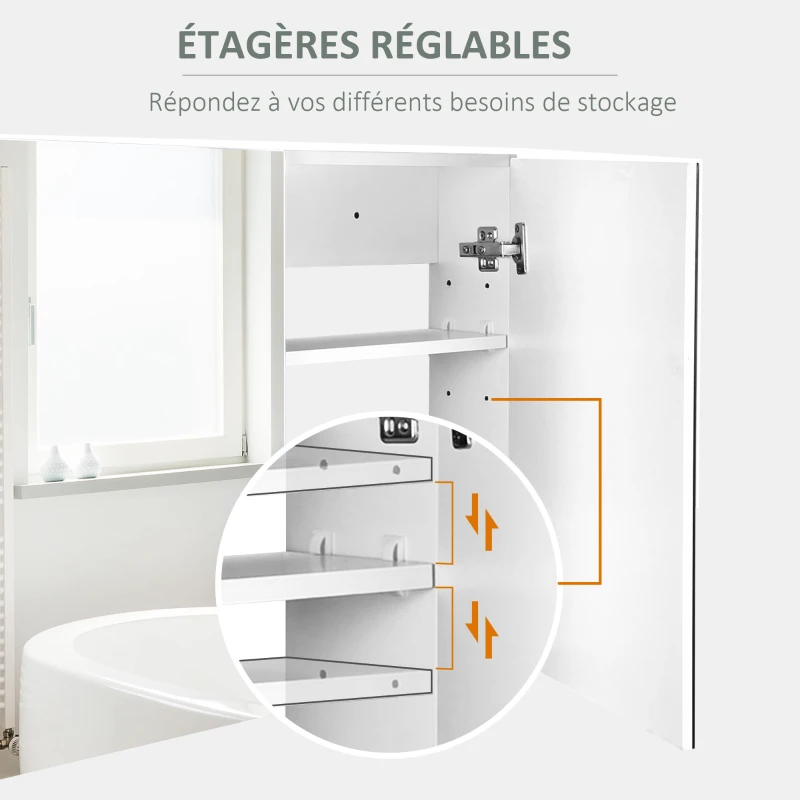 HOMCOM Armoire murale salle de bain avec miroir, 80 x 15 x 60 cm, meuble salle de bain, armoire de toilette avec double portes et étagères réglables, blanc