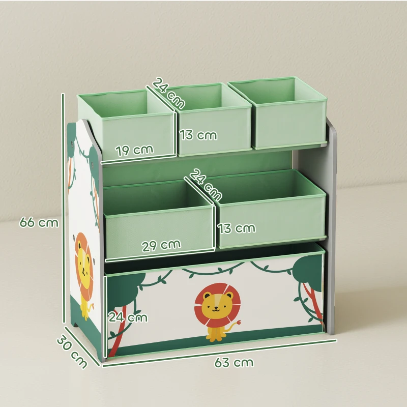 AIYAPLAY Estante Infantil para Brinquedos com 6 Caixas em Tecido Não Tecido Organizador de Brinquedos de 3 Níveis 63x30x66 cm Verde