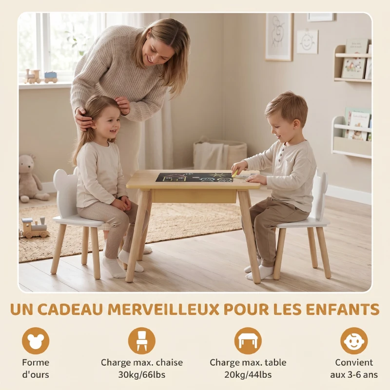 AIYAPLAY Ensemble 1 table et 2 chaise 3 pièces pour enfants avec plateau réversible espace de rangement bois naturel