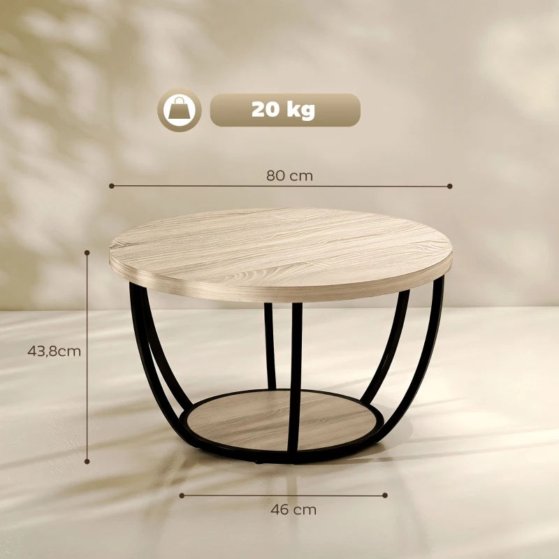 HOMCOM Mesa de Centro Mesa de Café Redonda para Salón con Estante de Almacenaje y Marco de Metal 80x80x43,8 cm Roble
