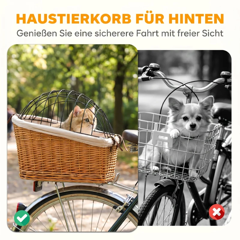 PawHut Fahrradkorb für Hunde & Katzen, Handgeflochtener Tierkorb mit Metallabdeckung & weichem Kissen, Hellbraun