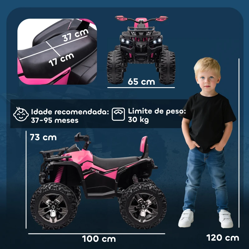 HOMCOM Quad Elétrico Infantil 12V com 2 Motores, 3-8 km/h, Música, Faróis LED e USB, Rosa