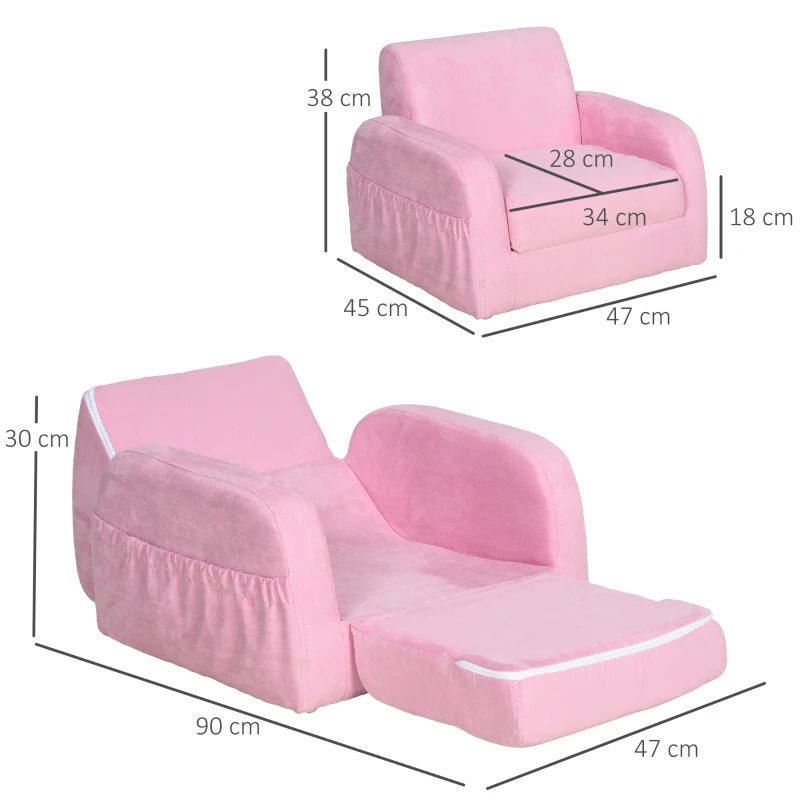 HOMCOM Sillón para Niños de 3 Años Sofá Transformable Diseño 2 en 1 Cama Infantil Plegable de 2 Posiciones con Reposabrazos Asiento Ancho Acolchado 47x45x38 cm Rosa