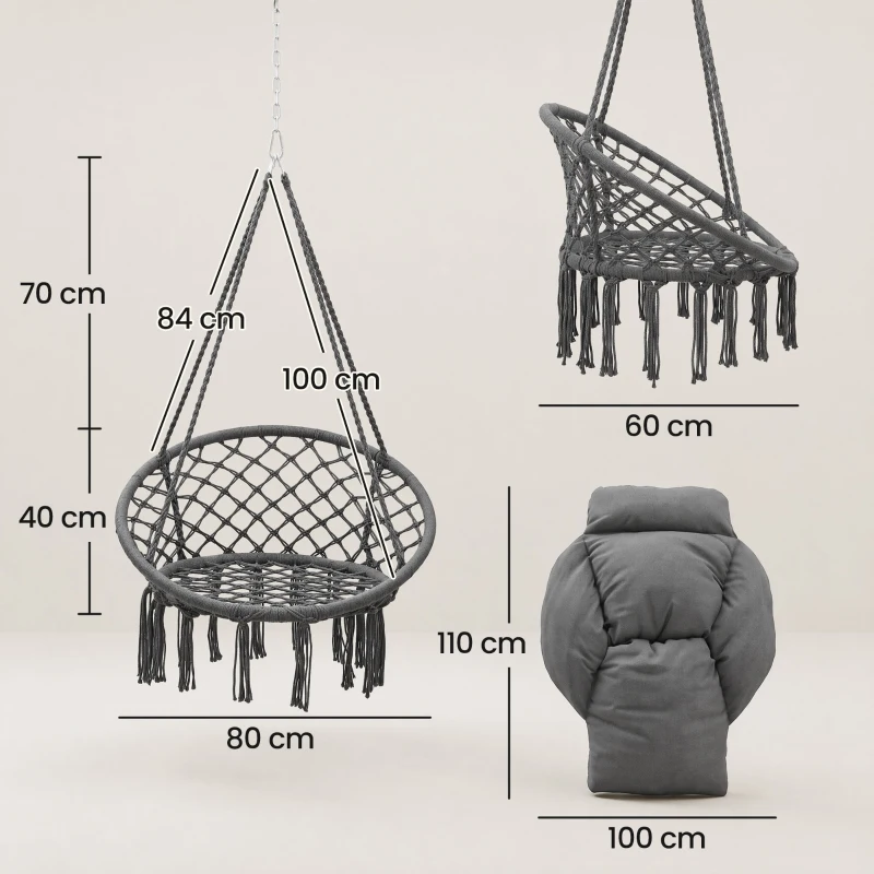 Outsunny Chaise suspendue avec grand coussin rembourré hamac fauteuil suspendu à franges kit de suspension 80 x 60 x 40 cm gris foncé