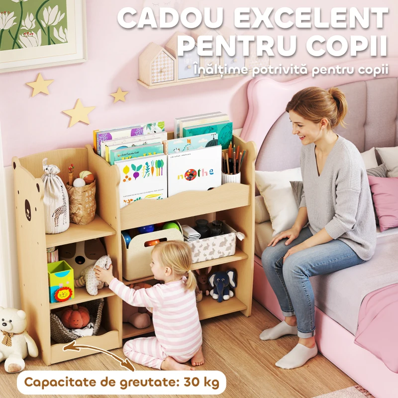 AIYAPLAY Raft pentru Jucării pentru Copii de 3-8 Ani cu Rafturi Deschise și Compartimente, din Lemn, 92x29x79 cm, culoare Lemn