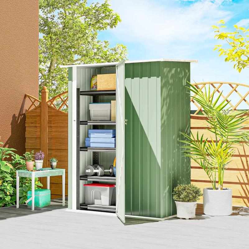 Outsunny Capanno Porta Attrezzi in Metallo con Tetto Inclinato e Porta Bloccabile, 142x86x189 cm, Verde Chiaro