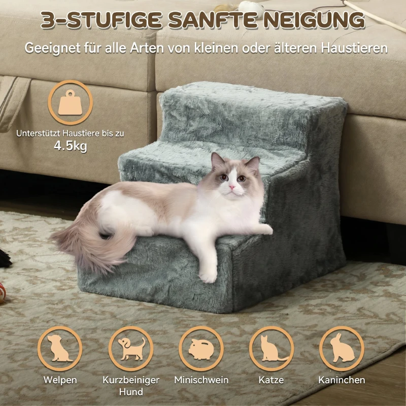PawHut scară pentru câini cu 3 trepte, pentru câini și pisici de până la 4,5 kg, din catifea, husă detașabilă și lavabilă, gri deschis
