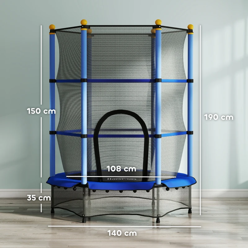 HOMCOM Tappeto Elastico per Bambini con Rete di Sicurezza e Pali Imbottiti Età 3-10 Anni, Ø140 x 190 cm, Blu