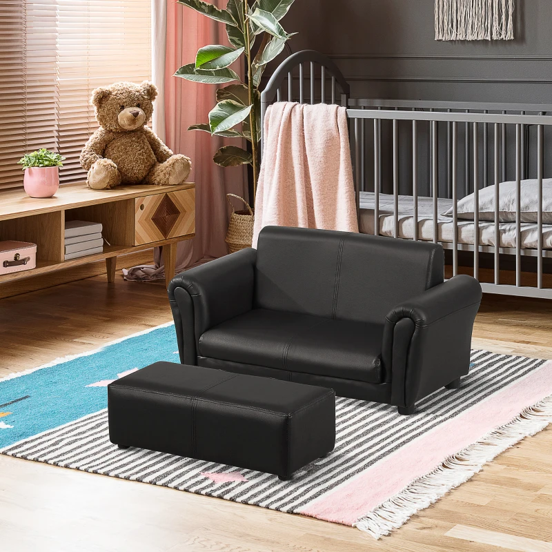 HOMCOM Kids Sofa Bed Kids Twin Sofa Toddler Chair 2 Seater Kids Twin Sofa Chair Boys Girls Couch w/ Footstool (Black)