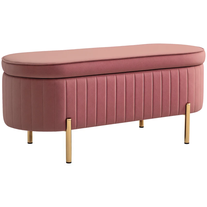 HOMCOM Bancă ovală cu spațiu de depozitare 72 L, cu capac rabatabil, din catifea și lemn, 108 x 44 x 43,5 cm, roz