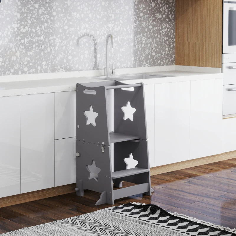 AIYAPLAY Scala Montessori Convertibile in Set Tavolo e Sedie con Barra di Sicurezza, in Legno, 60x44.5x86 cm, Grigio