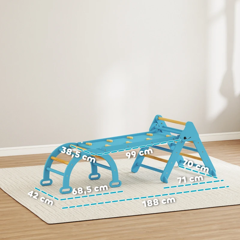 AIYAPLAY Triângulo de Escalada 7 em 1 com Arco e Rampa Escalada para Crianças de Madeira Dobrável para 18-48 Meses 188x70 cm Azul