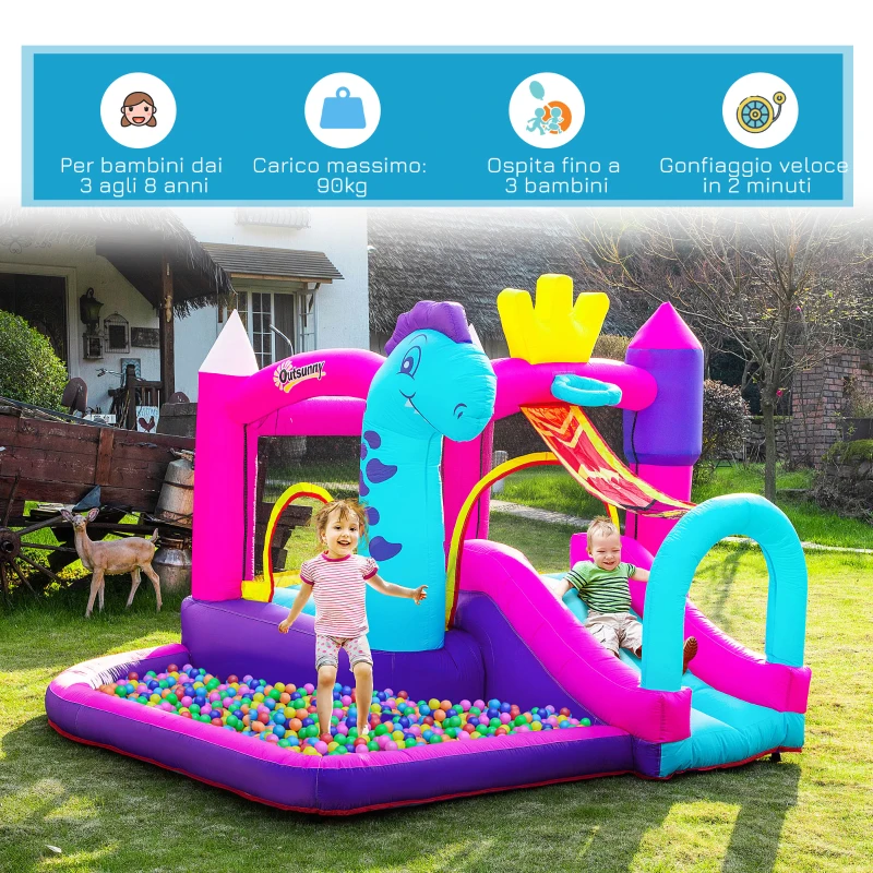 Outsunny Castello Gonfiabile per Bambini 3-8 Anni con Scivolo, Piscina e Trampolino, 3x2.7x2m