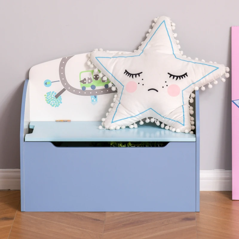 HOMCOM Panca Contenitore Portagiochi 2 in 1 in Legno, Cassapanca con Schienale per Bambini da 3-6 Anni, 60x30x50 cm, Blu