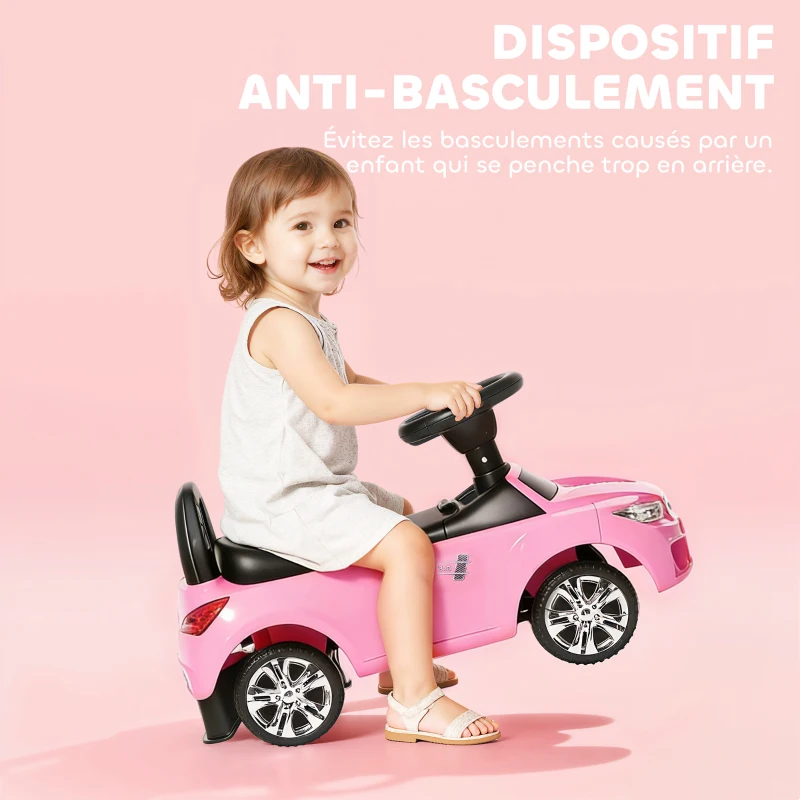 HOMCOM Porteur enfants voiture, véhicule à pousser avec coffre à jouets, klaxon, phares et musique, 63,5 x 28 x 36 cm, rose