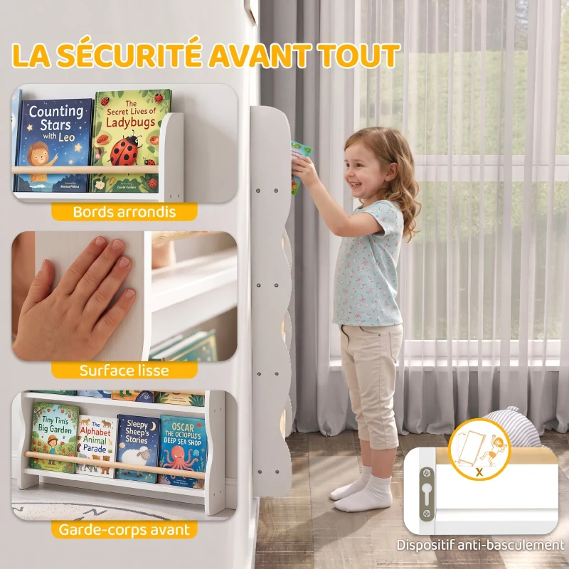 AIYAPLAY Bibliothèque murale pour enfant, rangement livre enfant 4 niveaux, fixer au mur, 60 x 10 x 98 cm, blanc