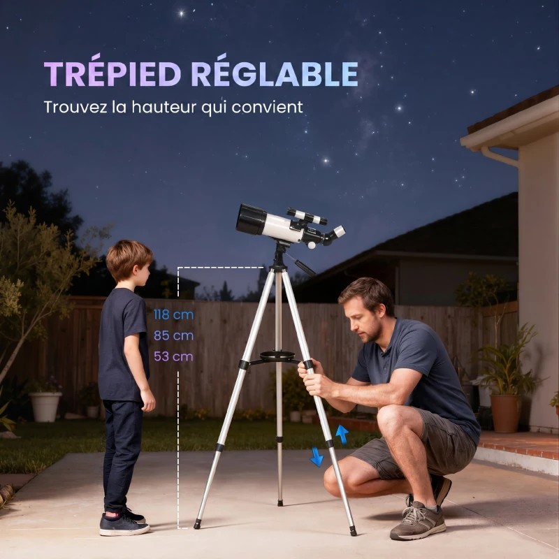 Outsunny Télescope Astronomique pour Adultes et Débutants 70 mm, 2 Oculaire 40X/16X, Trépied Réglable, 80 x 80 x 135 cm, Blanc