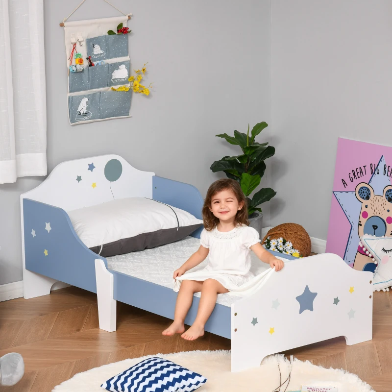 HOMCOM Cama para Niños de +3 Años 143x74x59 cm Cama Infantil de Madera con Estampado con Estrellas Carga 50 kg Azul y Blanco