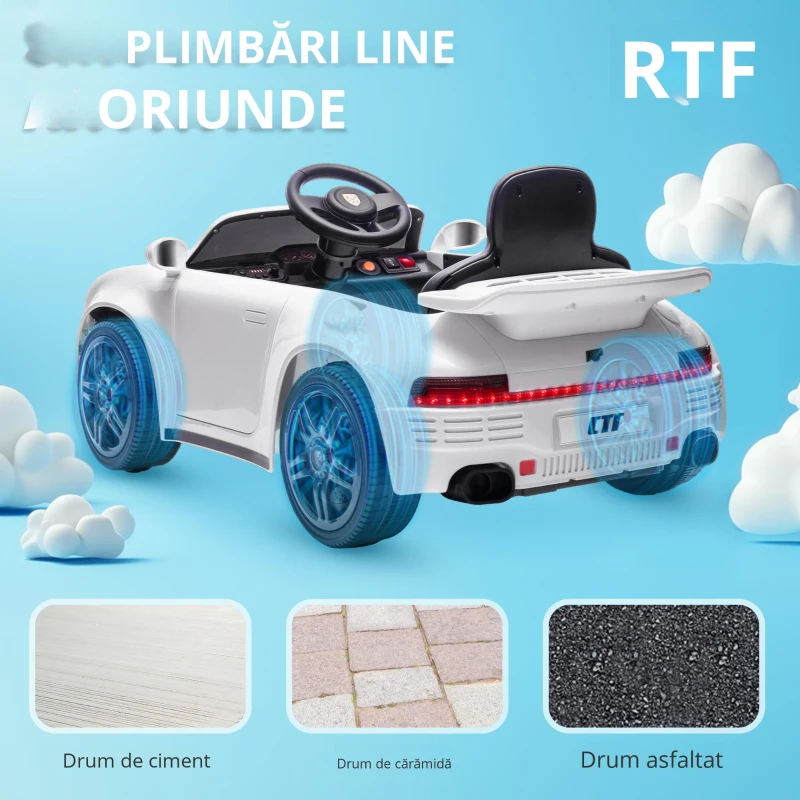AIYAPLAY Mașină electrică pentru copii, vehicul electric 12V, telecomandă 2,4G, faruri, muzică, claxon, 103 x 55 x 44 cm, alb