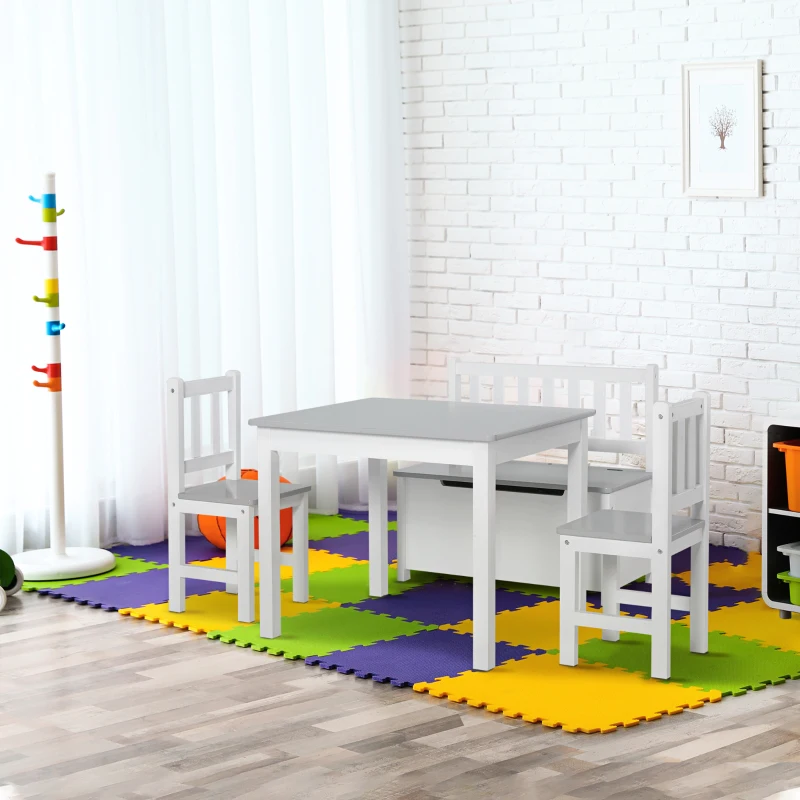 HOMCOM Conjunto Infantil de Mesa 2 Cadeiras e Banco com Armazenamento Móveis Infantil para Sala de Jogos  Branco e Cinza