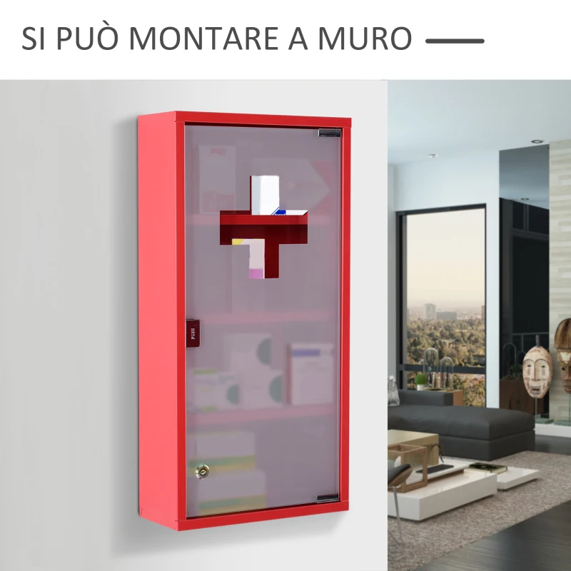 HOMCOM Cassetta Porta Medicine Armadietto Medicinali 4 Livelli Porta in Vetro 60×30×12cm Rosso