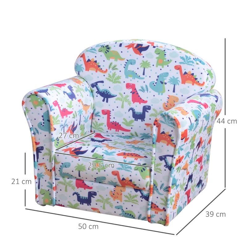 HOMCOM Sillón Infantil para +18 Meses con Estampado de Dinosaurios Acolchado de Espuma y Franela 50x39x44 cm Multicolor