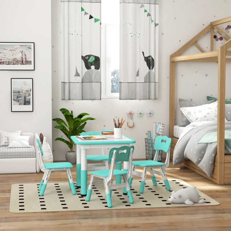 AIYAPLAY Set Tavolo e Sedie per Bambini 5pz con 4 Sedie Regolabili 32x36x52.5-56 cm e Tavolo 60x60x46-58 cm, Verde