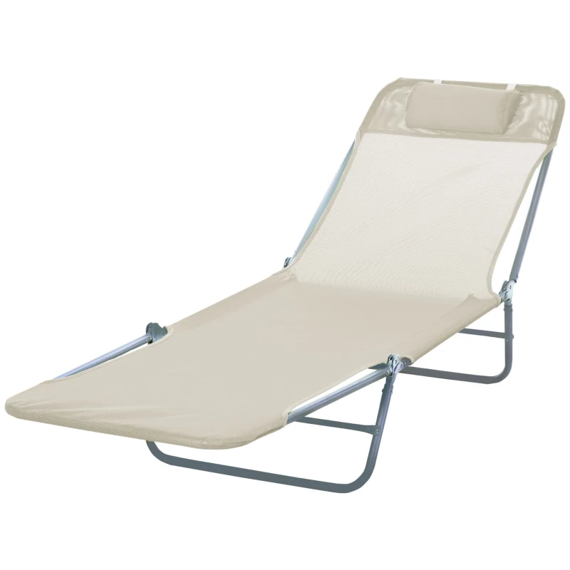 Outsunny Folding Sun Lounger, Texteline Reclining Sun Bed with 5 Position Adjustable Backrest, Headrest, Beige
