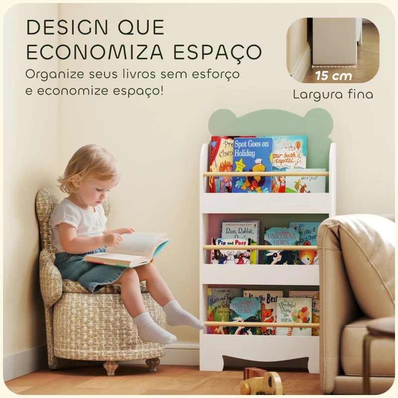 AIYAPLAY Estante Infantil 3 Níveis Design de Ursinho Cantos Arredondados e Barreiras de Segurança para Livros e Brinquedos Verde