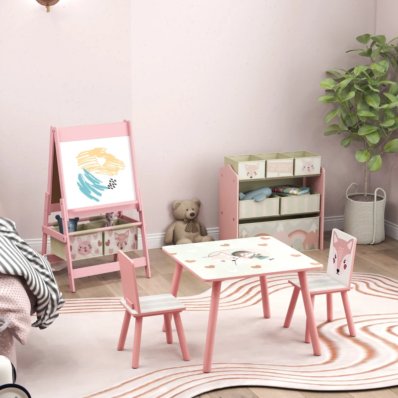 Table et 2 chaises pour enfants + tableau chevalet double-face + meuble à jouets de rangement à 6 boîtes, rose