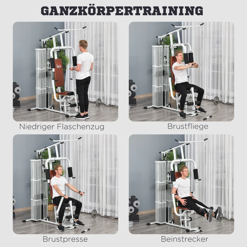 HOMCOM Kraftstation Fitnessstation Fitnessgerät Multifunktion Krafttraining Multistation Trainingsstation mit Latzug Butterflystange 45kg Gewichten Seil, Fitnessgeräte für Zuhause Weiß
