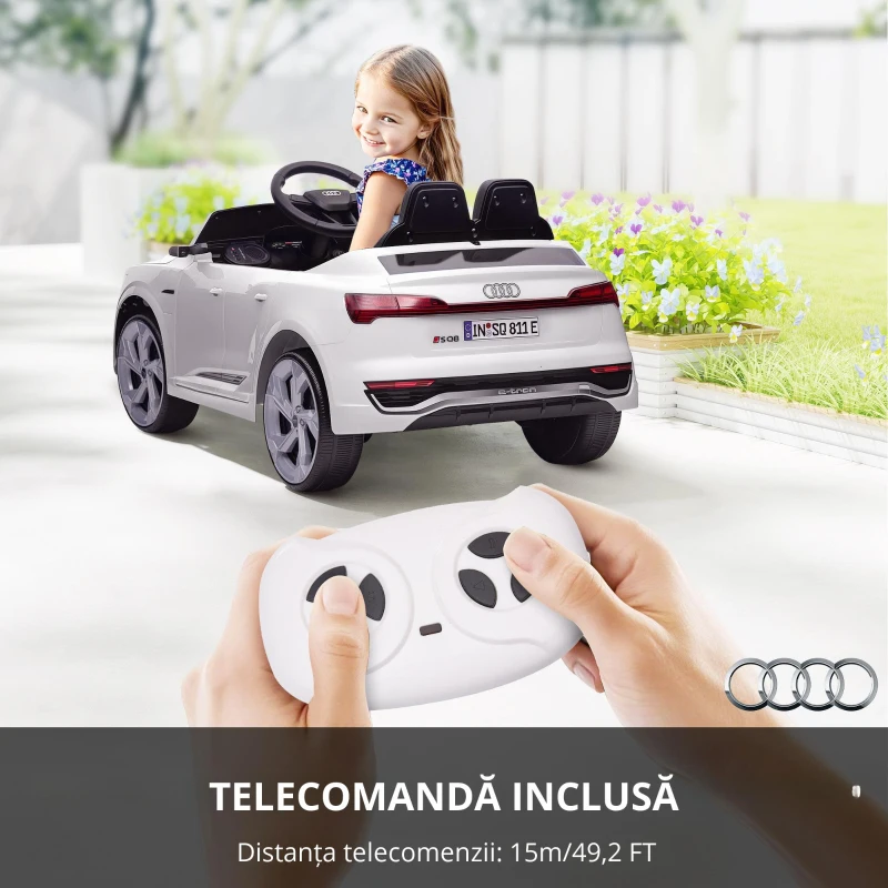 AIYAPLAY Mașină Electrică pentru Copii, 12V Audi Q8, 3-5 km/h, Telecomandă, Faruri, Muzică, Alb