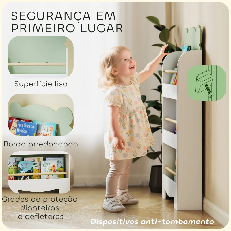 AIYAPLAY Estante Infantil 3 Níveis Design de Ursinho Cantos Arredondados e Barreiras de Segurança para Livros e Brinquedos Verde