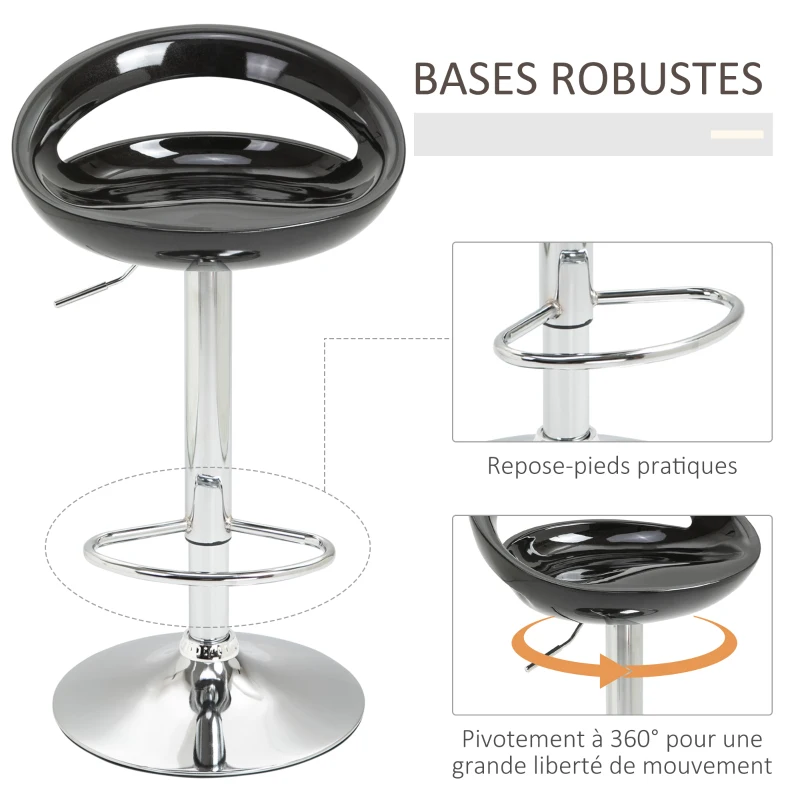 HOMCOM Lot de 2 tabourets de bar chaises de bar hauteur réglable dossier et repose-pieds pivotant à 360° 46x41x76-96cm noir