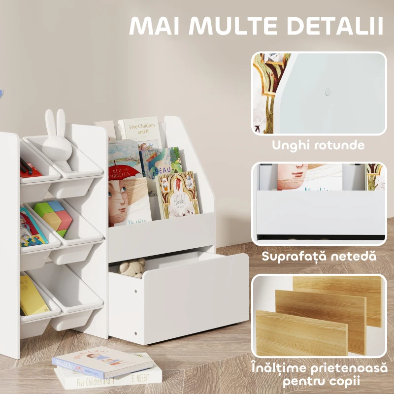 AIYAPLAY Raft pentru Jucării cu 6 Coșuri, 3 Rafturi și Cutie Inferioară, din Lemn, Plastic și Oțel, 100x30x80 cm, Alb