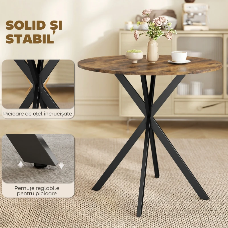 HOMCOM Masă rotundă de dining în stil industrial, cu picioare în cruce din oțel, Ø80x75 cm, maro rustic