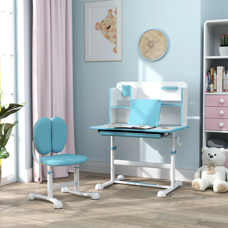 AIYAPLAY Set Scrivania e Sedia per Bambini Regolabili, Banco Scuola con Piano Inclinabile, Cassetto, Scaffale, Blu