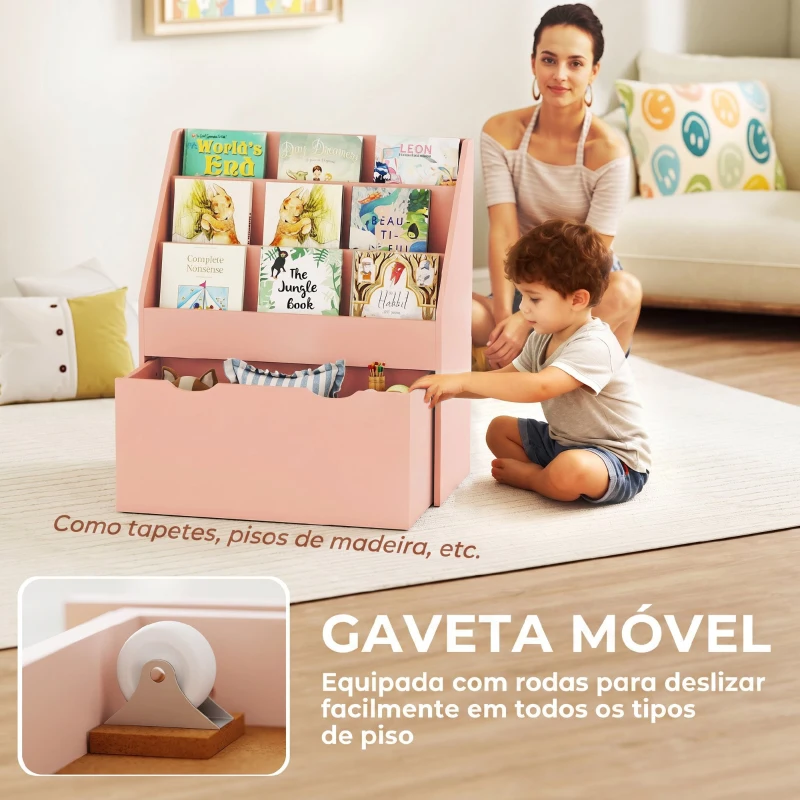 AIYAPLAY Estante para Livros Infantil de 4 Níveis com 3 Prateleiras e 1 Gaveta com Rodas 62,5x30x70 cm Rosa