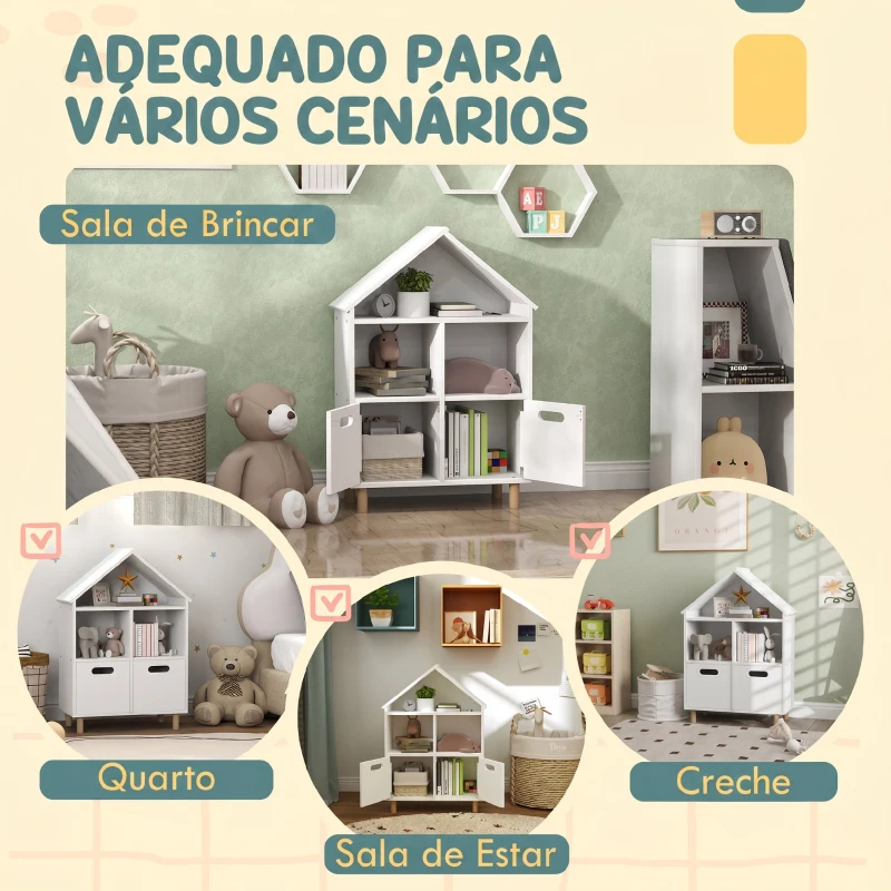 AIYAPLAY Estante para Livros Infantil de 3 Níveis em Forma de Casa com 3 Prateleiras e 2 Armários, para Crianças dos 3 aos 8 Anos, Branco
