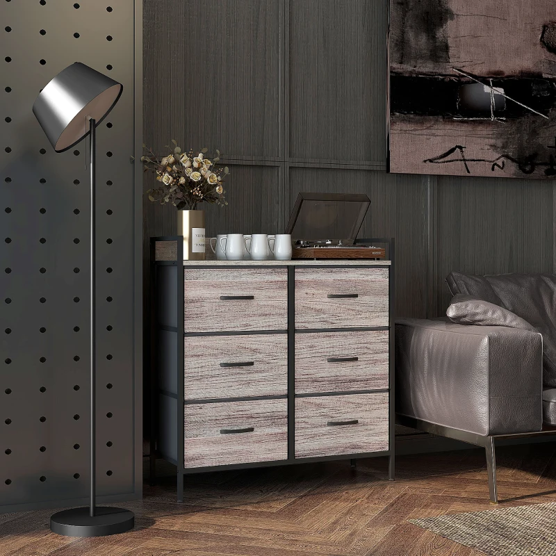 HOMCOM Commode, meuble de rangement pour chambre à 6 tiroirs tissu non tissé, cadre en acier, 79 x 29 x 85 cm, effet bois gris