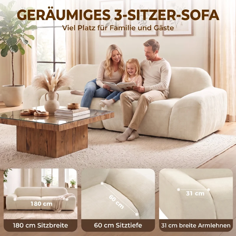HOMCOM 3-Sitzer-Sofa, abgerundet und rahmenlos, mit großzügiger Sitzfläche, dick gepolstert, keine Montage, cremeweiß
