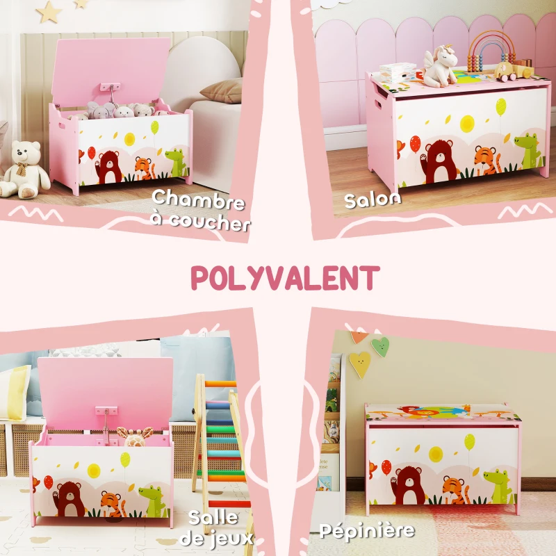 AIYAPLAY Coffre à jouet enfant coffre de rangement enfant couvercle rabattable motif animal 60 x 37 x 39 cm rose