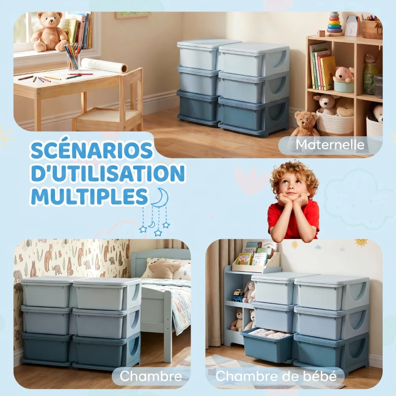 HOMCOM Organisateur de jouets pour enfants à 3 niveaux avec 6 tiroirs, boîtes de rangement en plastique, 75x37x56,5cm, bleu